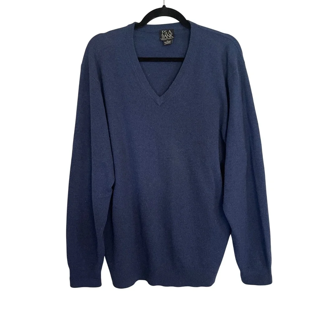 Jos A Bank Travelers Collection Mens XL Blue 100% Cashmere V-Neck Sweater F15